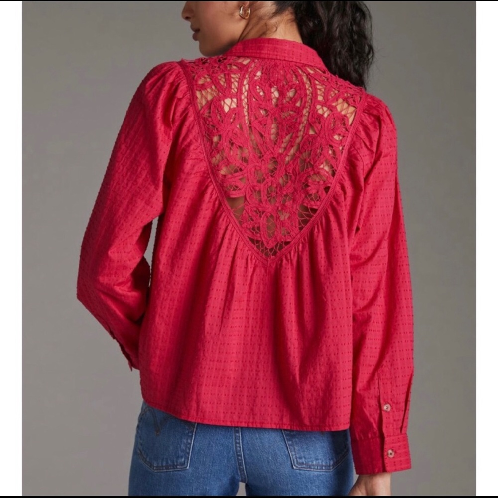 Anthropologie Pilcro lace-back button down blouse, size XL